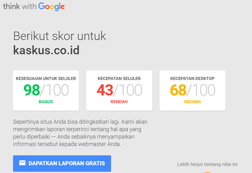 Hasil Score Test Mobile Friendly Kaskus. Ga Salah ini Min?