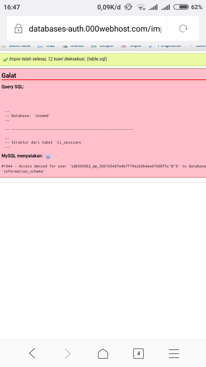 Database 000webhost acces denied