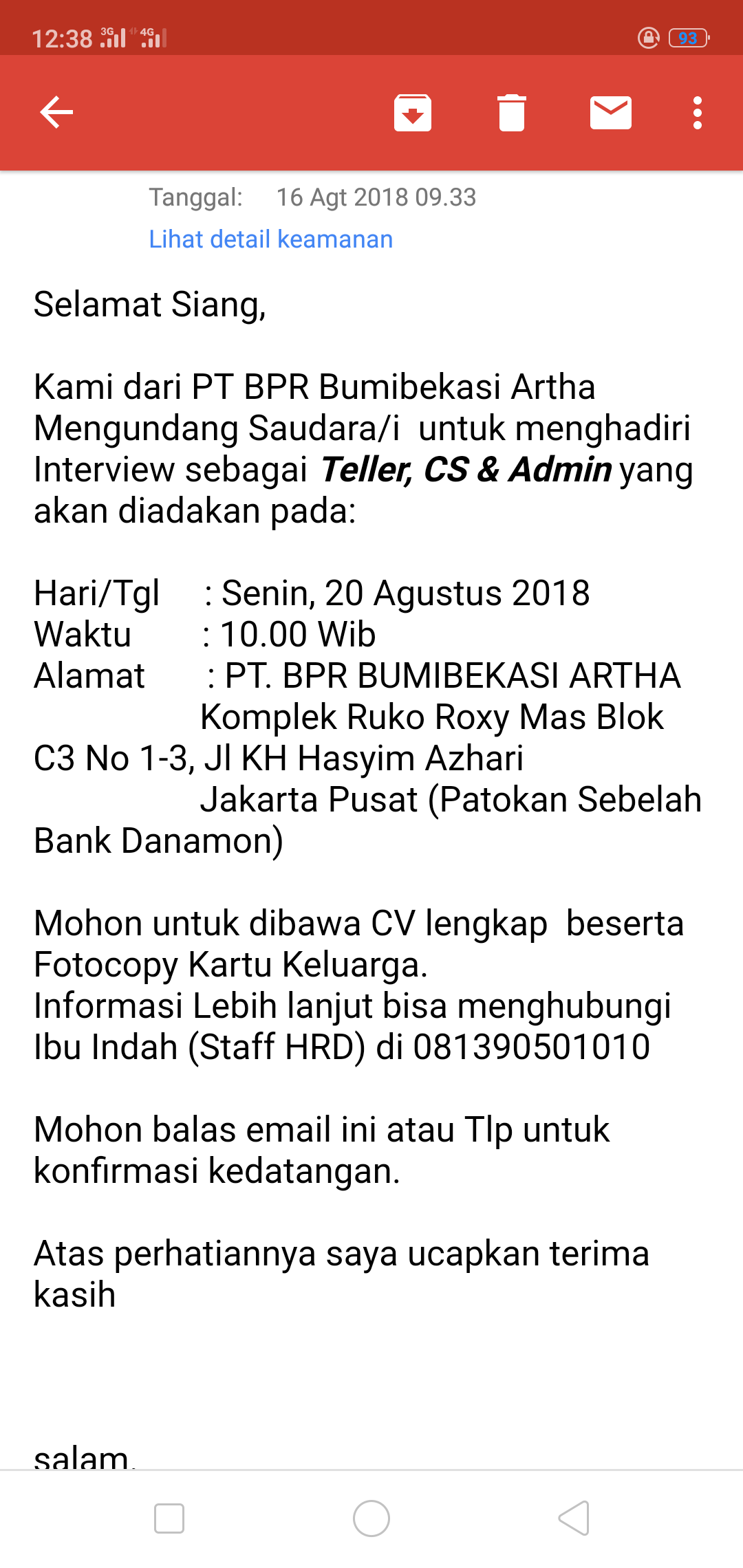 Undangan Interview PT BPR BUMIBEKASI ARTHA