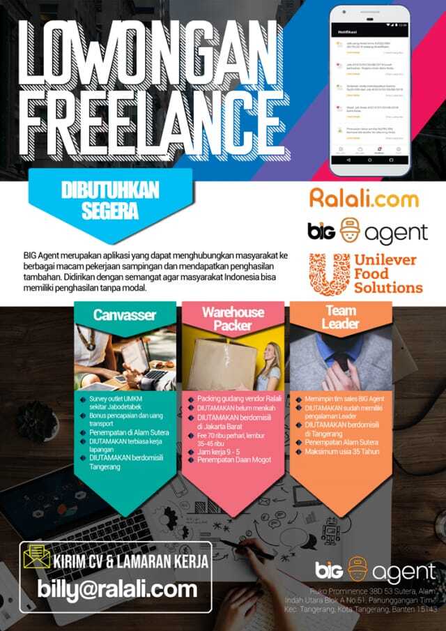 Dibutuhkan Freelance canvaser,warehouse packer,team leader di Ralali.com