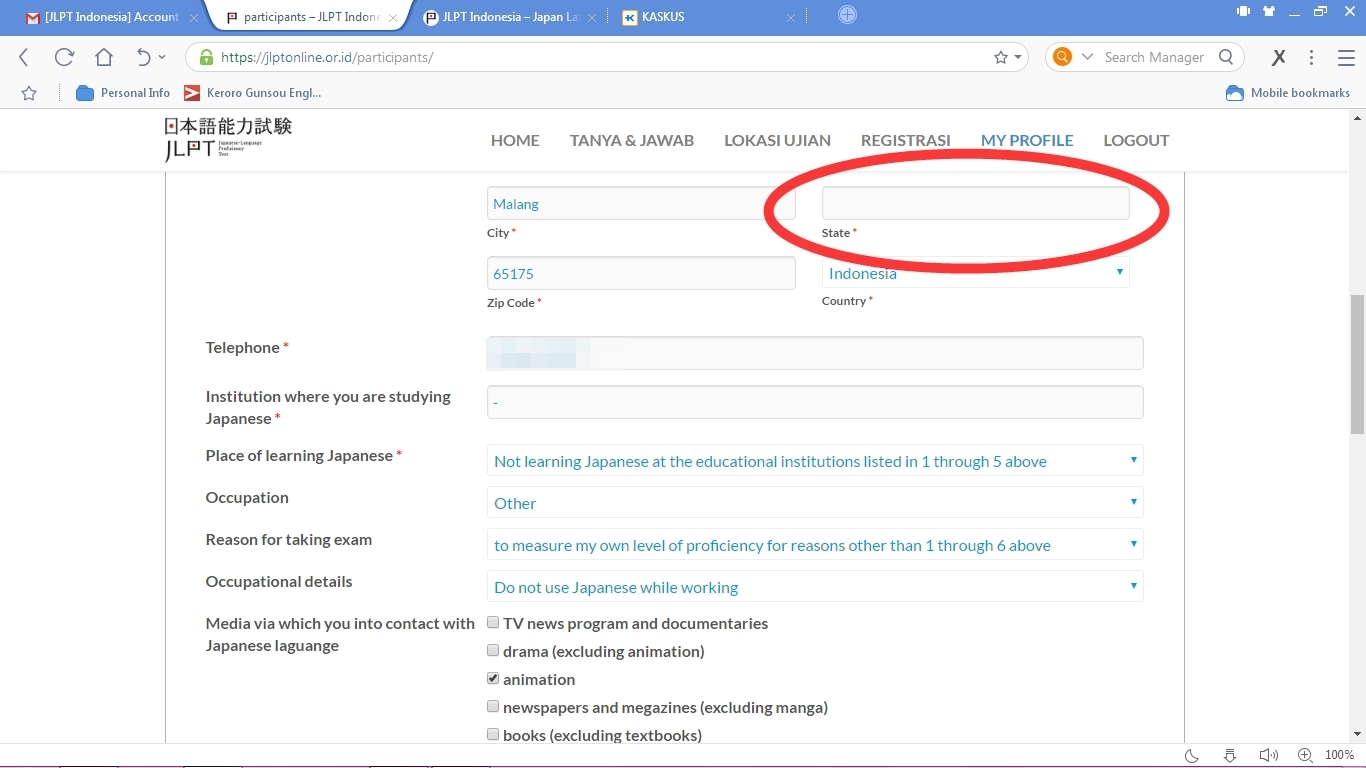 Seputar Pendaftaran Online JLPT Indonesia - bingung dengan "State"